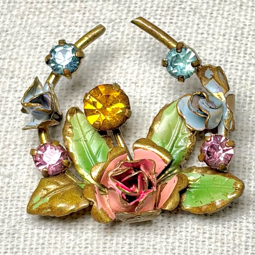 VTG 1940s Signed Azub Austria Brooch Gold Tone Rose Leaf Rhinestone Horseshoe